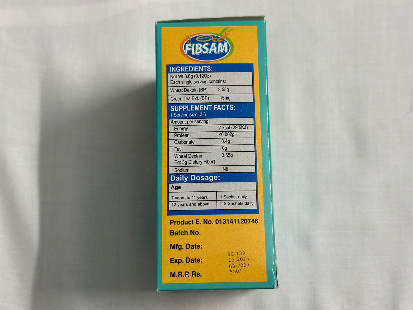 FIBSAM soluble fiber supplement ingredients and nutritional facts on the box for gut health and digestion aid.
