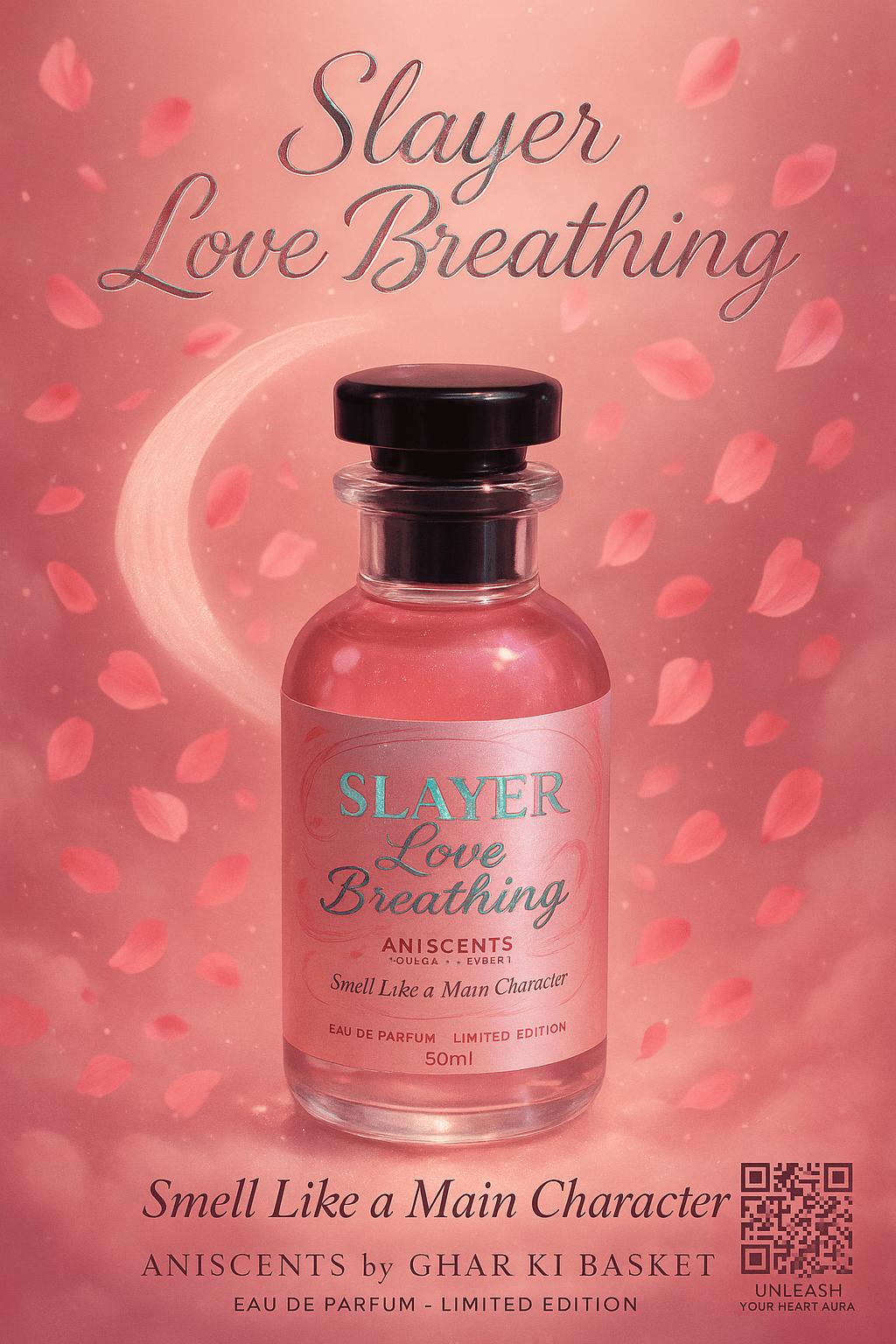 Slayer Love Breathing 50ml EDP bottle, a unisex floral perfume inspired by Mitsuri Kanroji, ideal for romantic moments.