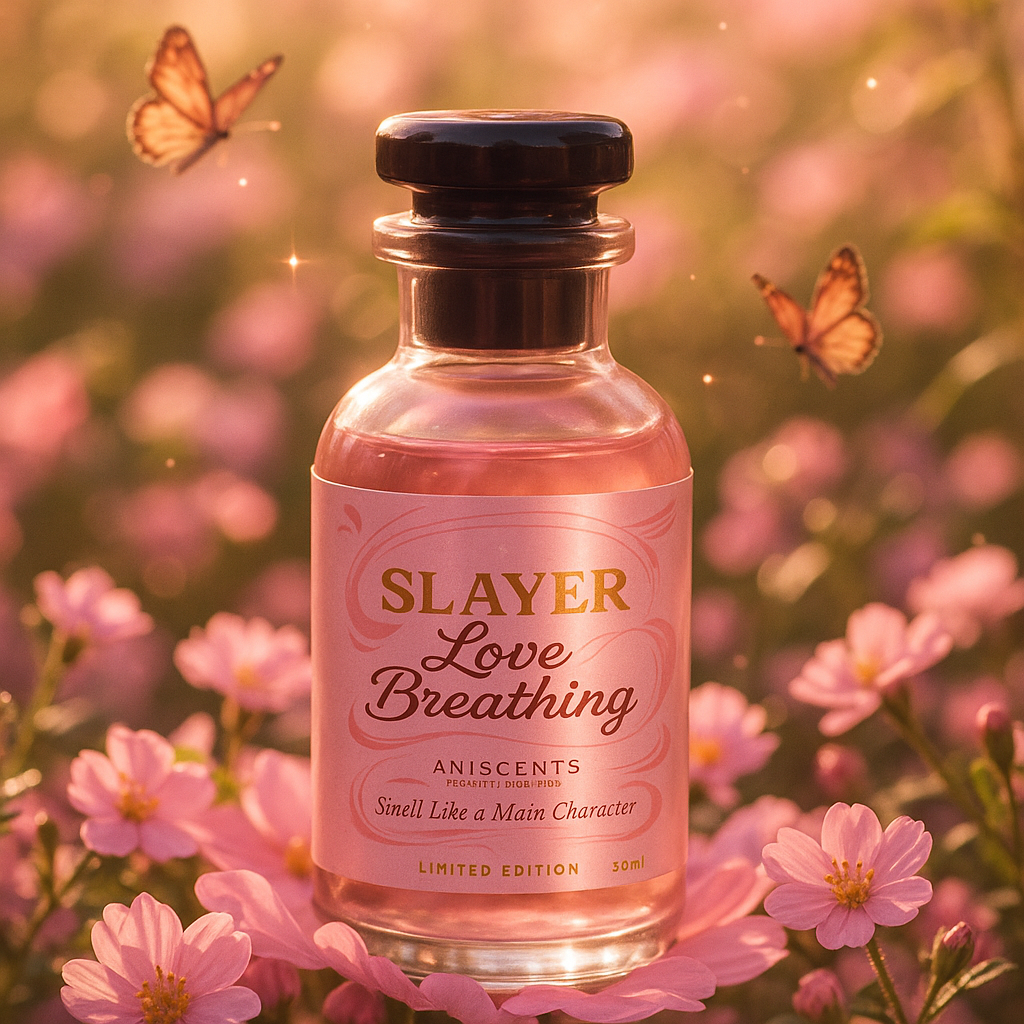 Bottle of Slayer Love Breathing perfume in a field of pink flowers with butterflies.