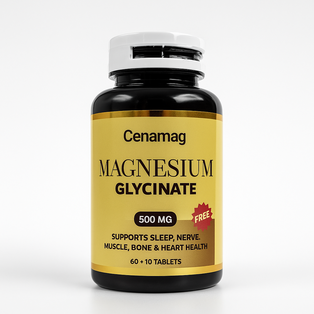 Cenamag Magnesium Glycinate 500mg supplement bottle on a clean white studio background – 70 tablets for sleep support, stress and anxiety relief, muscle cramps recovery, bone strength, and heart health in Pakistan.