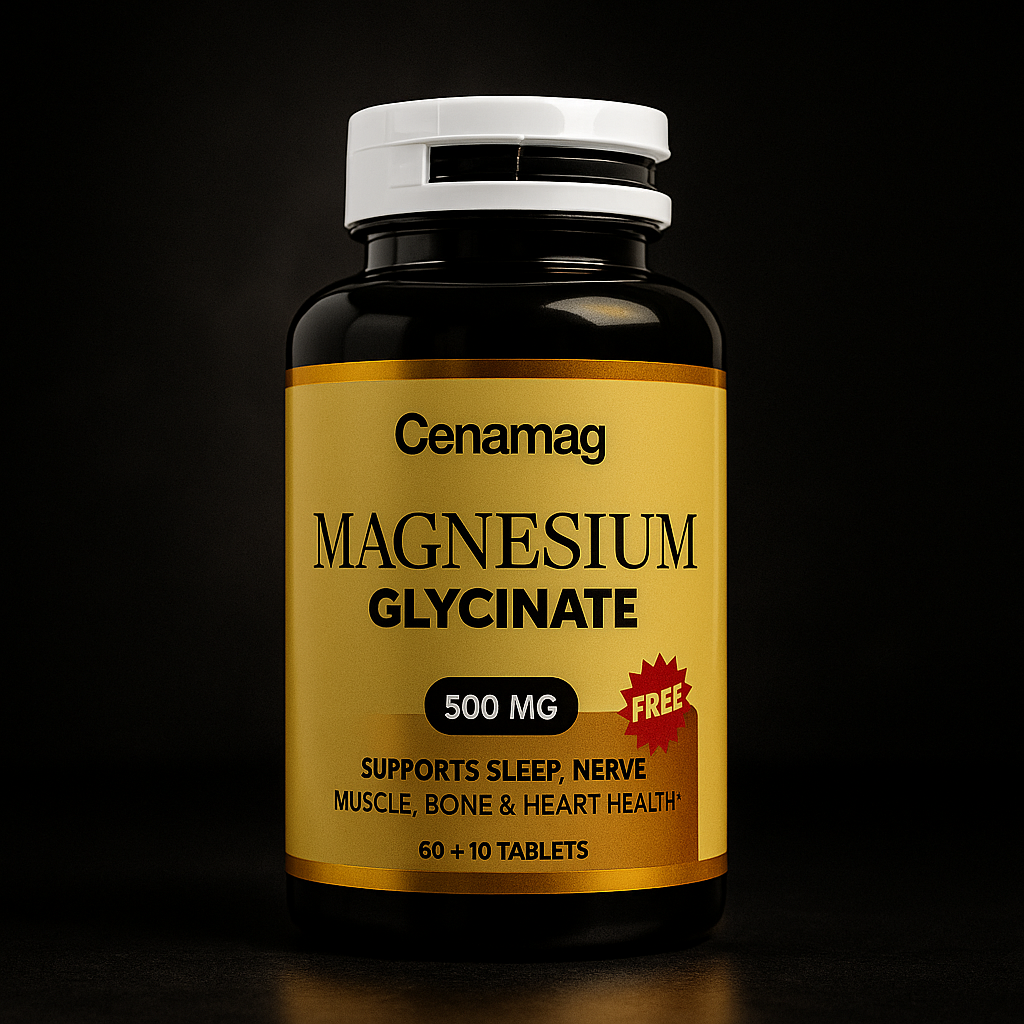 Cenamag Magnesium Glycinate 500mg supplement bottle on a black matte background with spotlight glow – premium magnesium tablets in Pakistan for sleep, stress relief, muscle recovery, and heart health.
