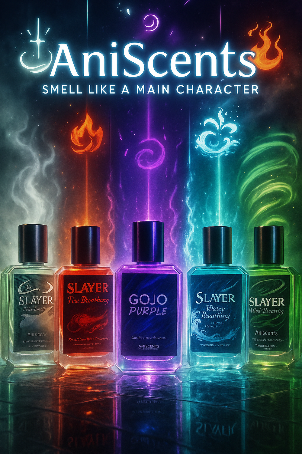 AniScents perfume collection by Ghar Ki Basket featuring Gojo Purple, Fire, Water, Mist, Wind, and Love Breathing scents — anime-inspired luxury fragrances displayed with glowing effects and signature color themes.
