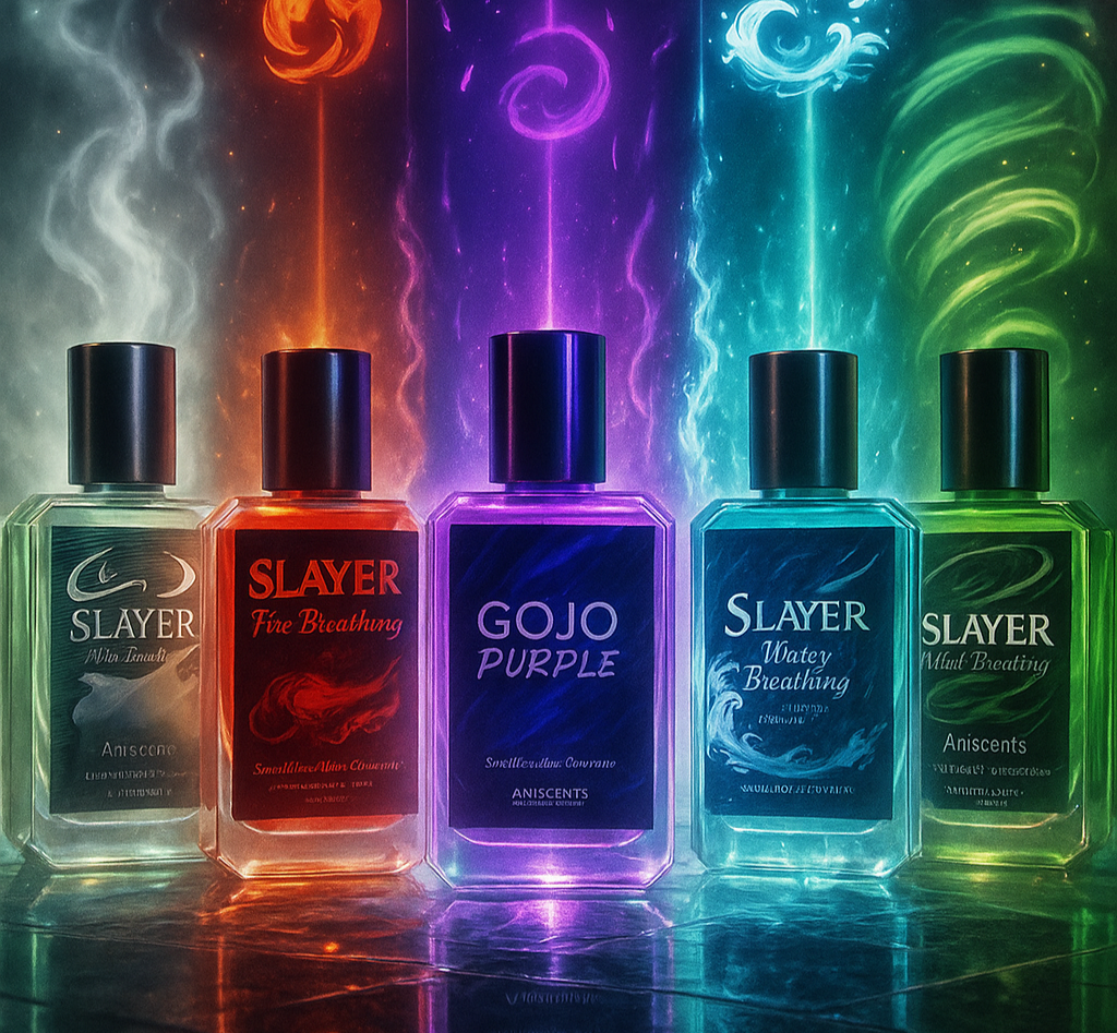 AniScents perfume collection featuring six anime-inspired scents: Gojo Purple, Fire Breathing, Mist Breathing, Water Breathing, Wind Breathing, and Love Breathing. Stylish bottles displayed in a luxury-themed layout
