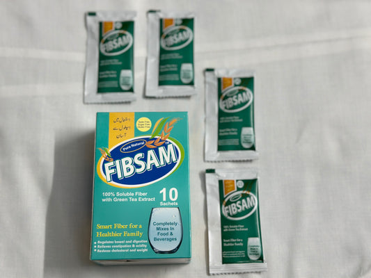 FIBSAM 10-Count Box of 100% Soluble Fiber with Green Tea Extract Sachets for gut health and digestion aid.