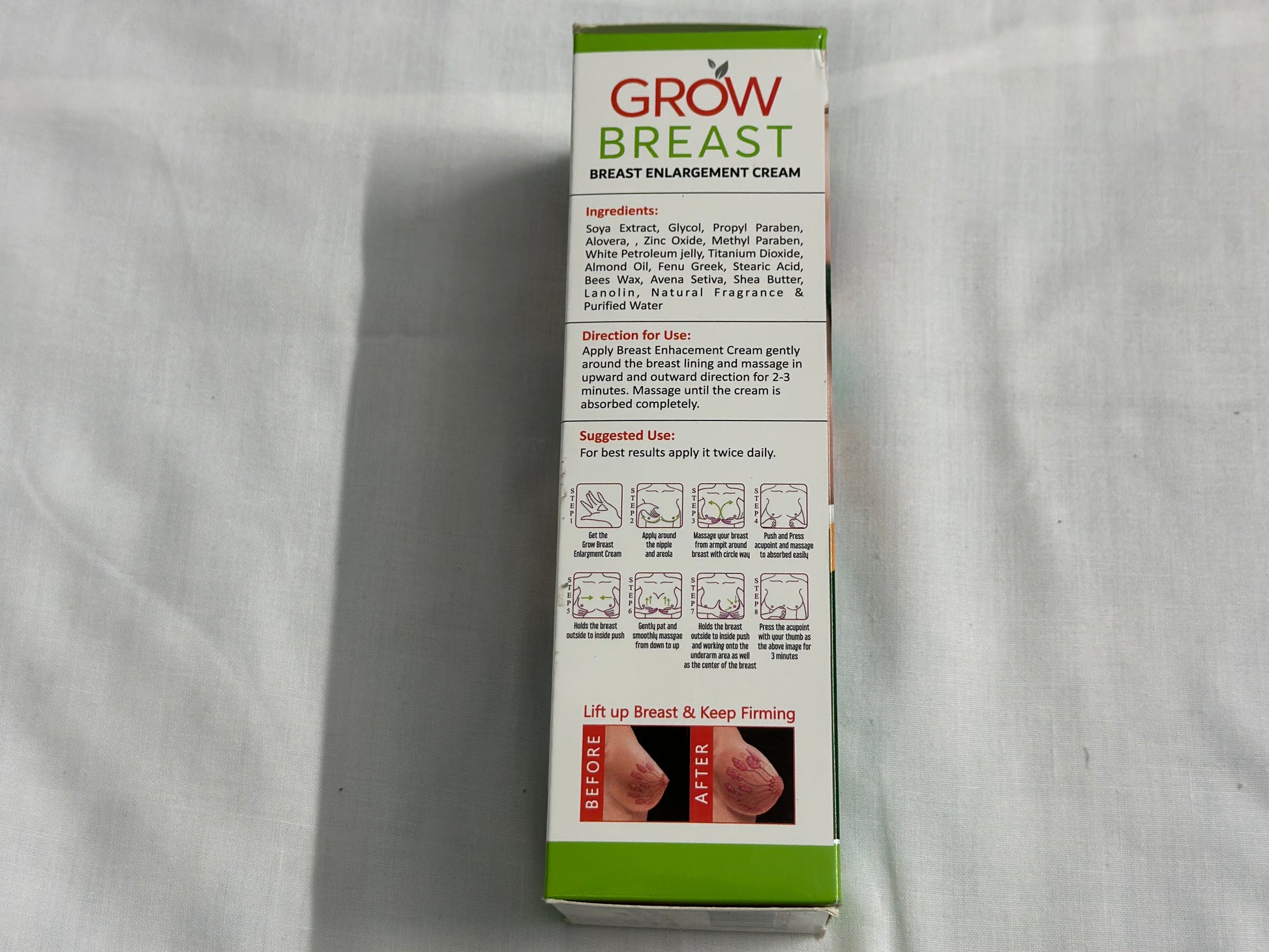 GROW BREAST breast enlargement cream packaging with ingredients and usage instructions for natural breast enhancement.