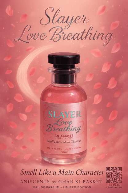 Slayer Love Breathing 50ml EDP bottle, a unisex floral perfume inspired by Mitsuri Kanroji, ideal for romantic moments.