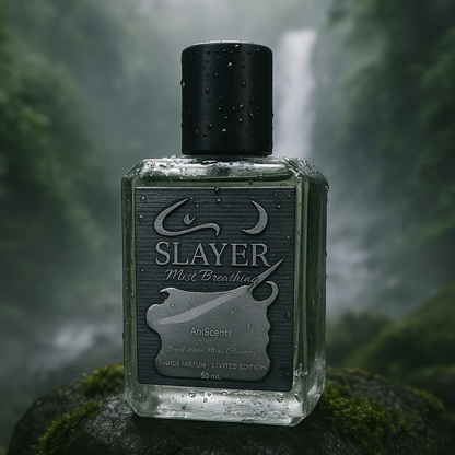 Bottle of 'Slayer' perfume with a forest background