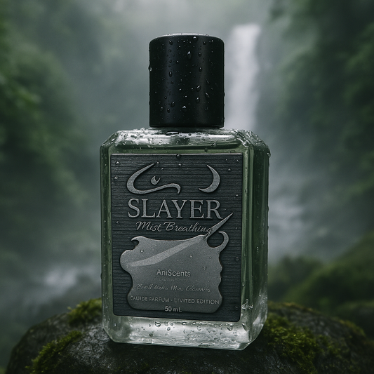 Bottle of 'Slayer' perfume with a forest background