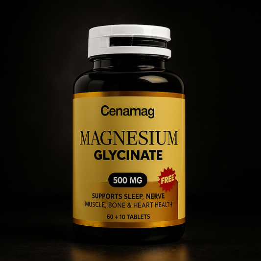 Cenamag Magnesium Glycinate 500mg supplement bottle on a black matte background with spotlight glow – premium magnesium tablets in Pakistan for sleep, stress relief, muscle recovery, and heart health.