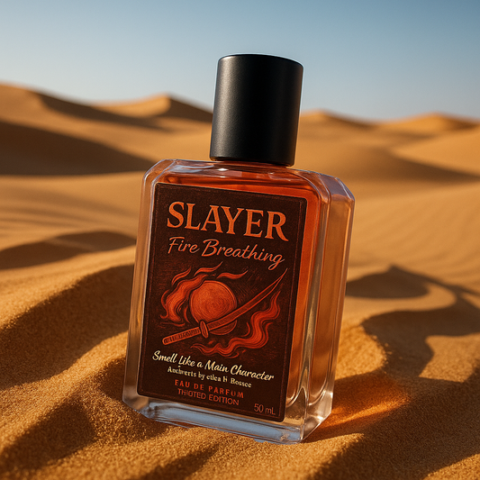 Bottle of 'Slayer Fire Breathing' perfume in a desert setting