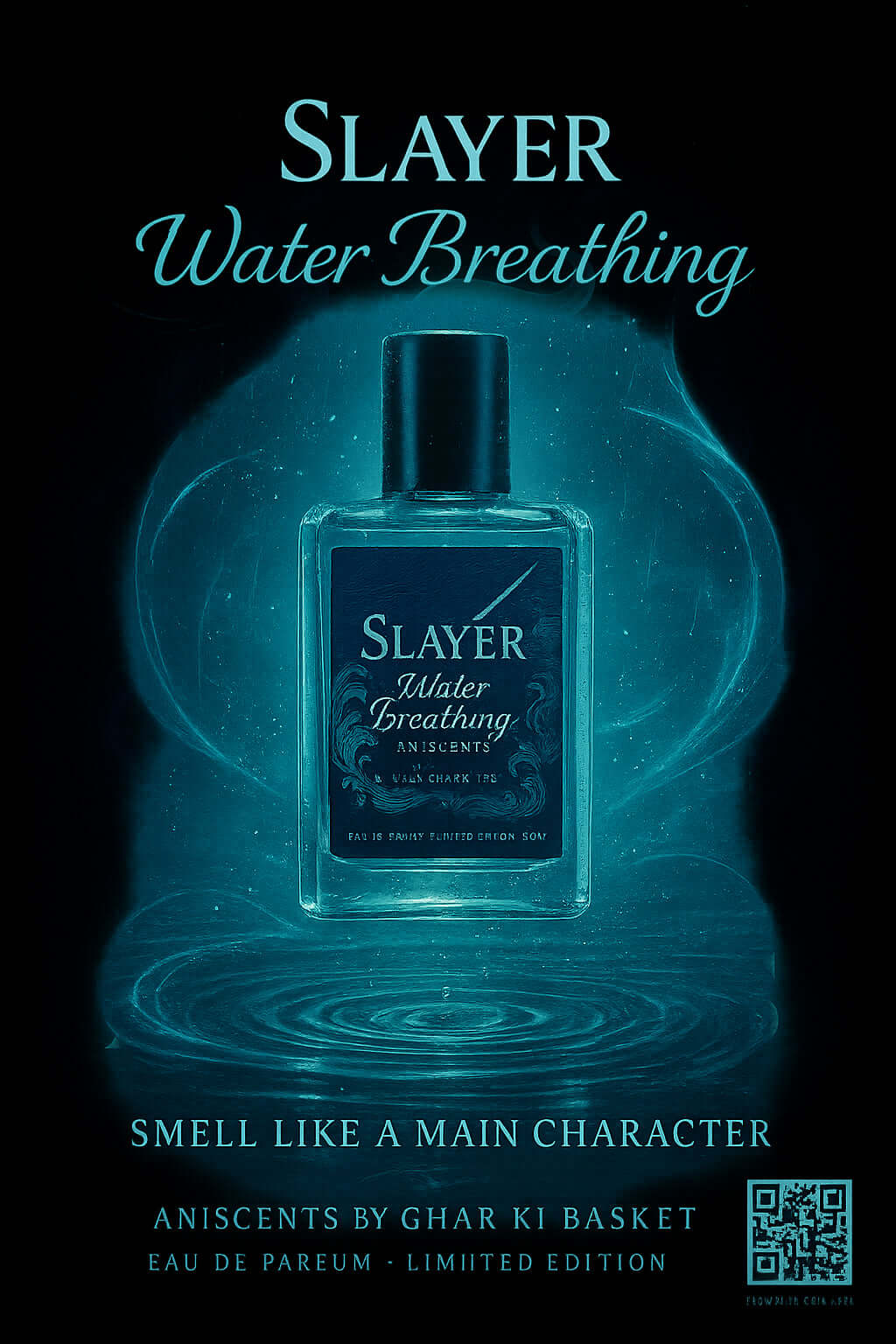 Slayer Water Breathing anime perfume inspired by Azzaro Wanted, 50ml Eau de Parfum bottle with misty aesthetic