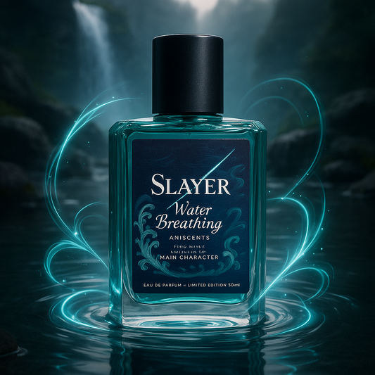 Bottle of Slayer Water Breathing perfume with a mystical background